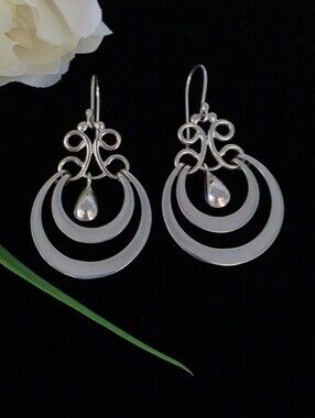 Double Hoop Dangle Drop Sterling Silver Earrings with Scrollwork